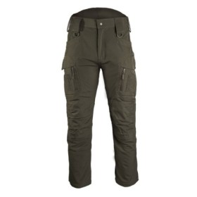 Front view of the Ranger Green softshell pants, highlighting the metal zipper and tactical belt loops.