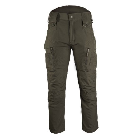 Front view of the Ranger Green softshell pants, highlighting the metal zipper and tactical belt loops.