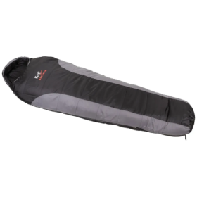 FoxOutdoor Advance mummy sleeping bag in black and grey showing the tapered technical design.