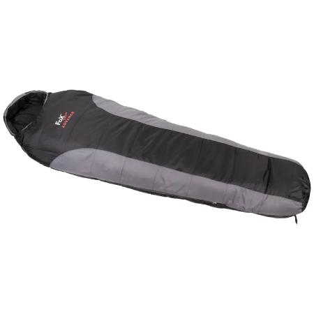 FoxOutdoor Advance mummy sleeping bag in black and grey showing the tapered technical design.