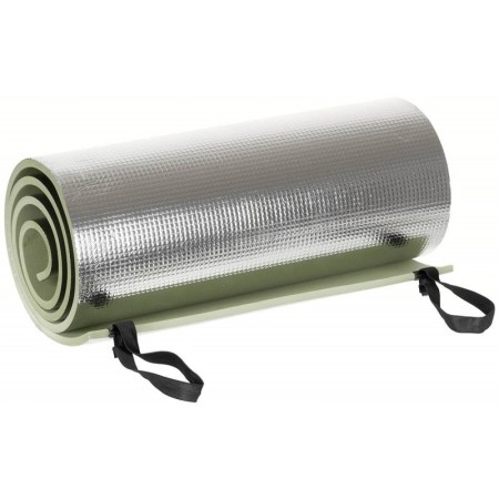 The MFH sleeping mat rolled up and secured by its two permanently attached rubber bands.