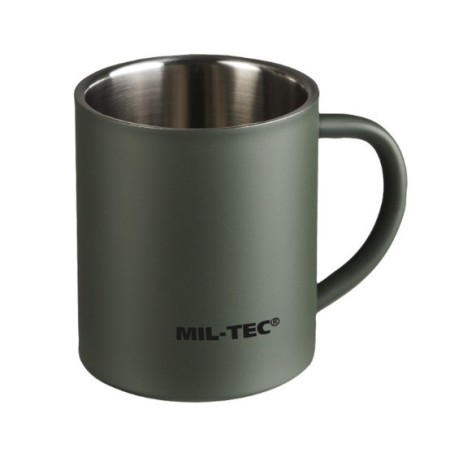 Front-facing product view of the stainless steel mug, highlighting its durable matte finish and compact design.