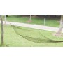 Lightweight OD Green mesh net hammock suspended between trees showing the polyamide weave.