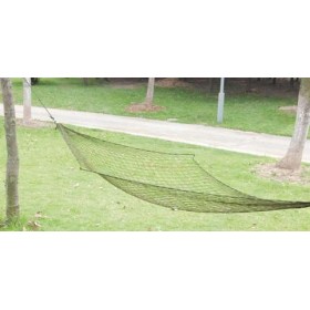 Lightweight OD Green mesh net hammock suspended between trees showing the polyamide weave.