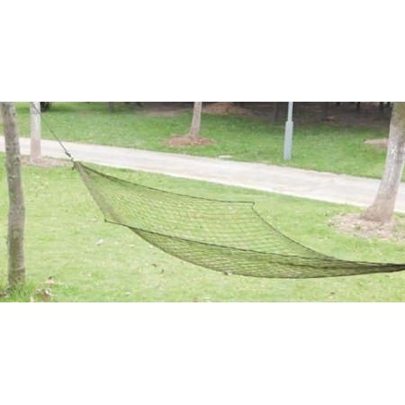 Lightweight OD Green mesh net hammock suspended between trees showing the polyamide weave.