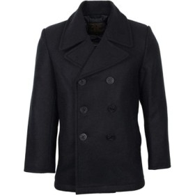 Front view of the navy blue pea coat, highlighting the classic wool texture and anchor buttons.
