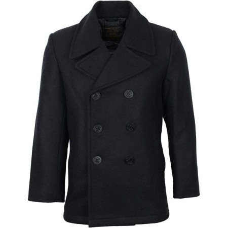 Front view of the navy blue pea coat, highlighting the classic wool texture and anchor buttons.