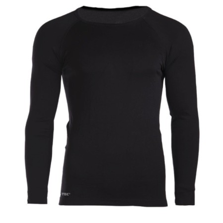 Front flat lay view of the black sports long-sleeve shirt, showcasing the clean athletic chest design and seamless clinging fit.