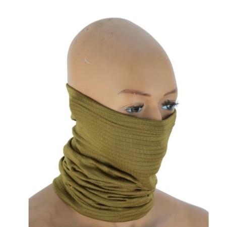 Studio product shot of the coyote-colored thermal winter headband/neck gaiter neatly rolled or styled as a scarf.
