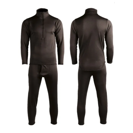 Product flat lay view of the black thermal underwear set, showcasing the complete two-piece configuration and elastic fabric.