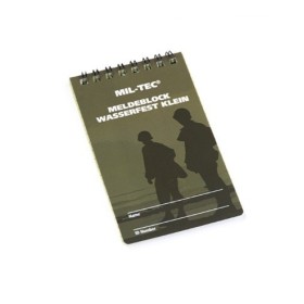Front-facing product view of the waterproof field message book, highlighting its compact cover and durable tactical binding.